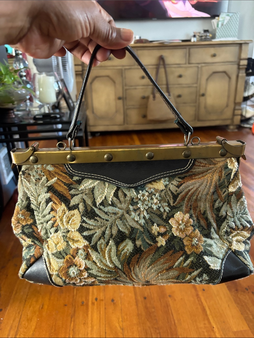 Vintage Floral Tapestry Top-Handle Bag in Brown and Black